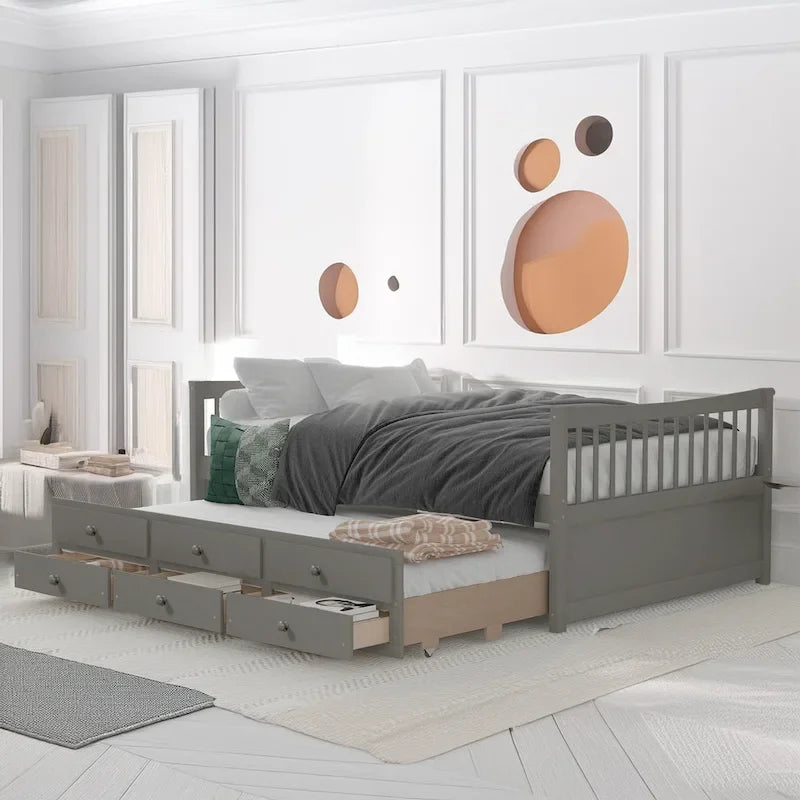 Lit de repos pleine taille blanc/gris avec lit gigogne et tiroirs, 2 couchages