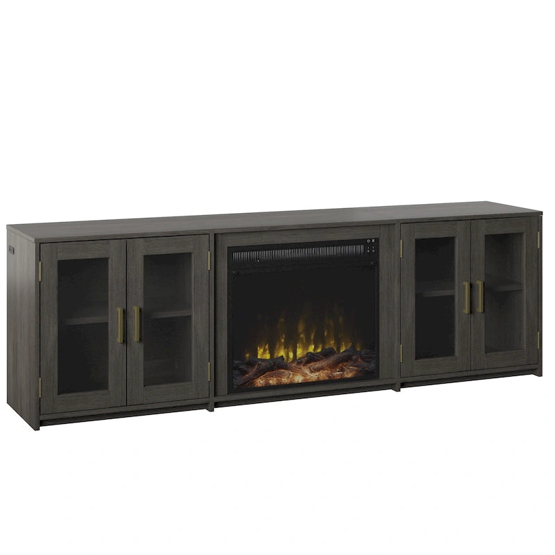 Meuble TV gris patiné/blanc/noir avec cheminée électrique et portes vitrées, pour 1 pièce