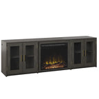 Meuble TV gris patiné/blanc/noir avec cheminée électrique et portes vitrées, pour 1 pièce
