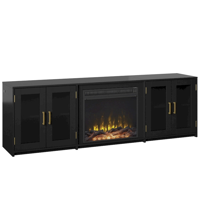 Meuble TV gris patiné/blanc/noir avec cheminée électrique et portes vitrées, pour 1 pièce