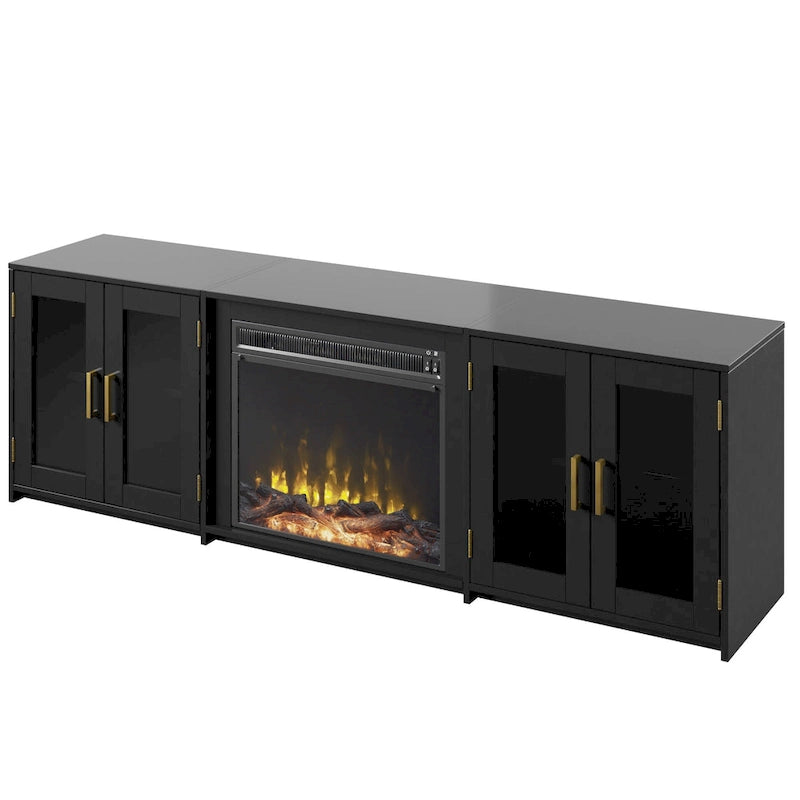 Meuble TV gris patiné/blanc/noir avec cheminée électrique et portes vitrées, pour 1 pièce
