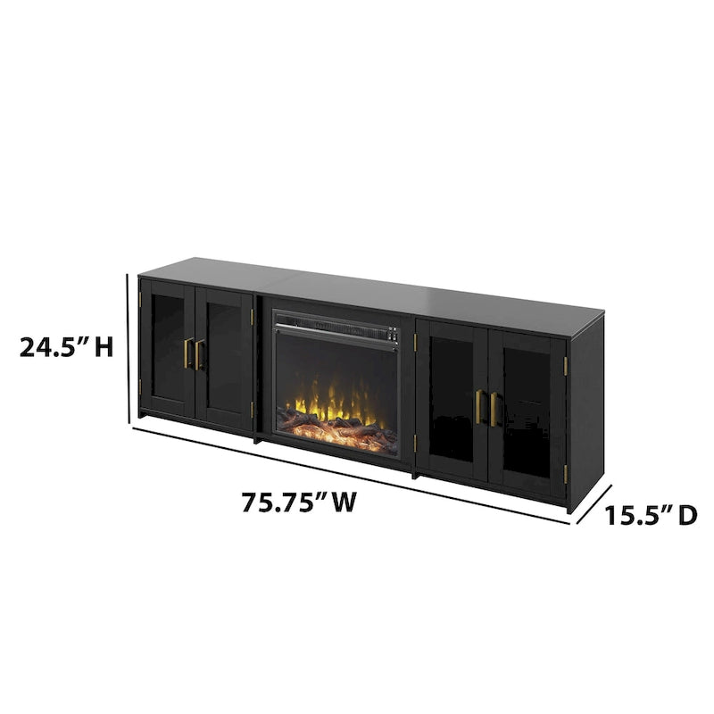 Meuble TV gris patiné/blanc/noir avec cheminée électrique et portes vitrées, pour 1 pièce