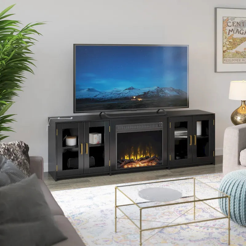 Meuble TV gris patiné/blanc/noir avec cheminée électrique et portes vitrées, pour 1 pièce