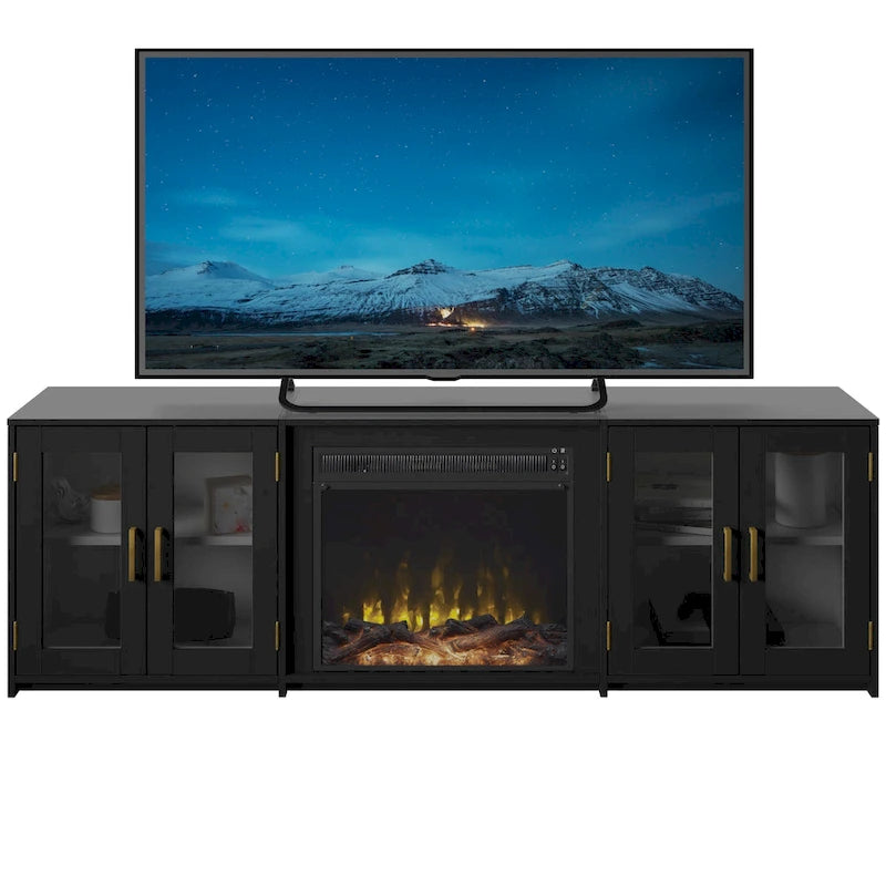 Meuble TV gris patiné/blanc/noir avec cheminée électrique et portes vitrées, pour 1 pièce