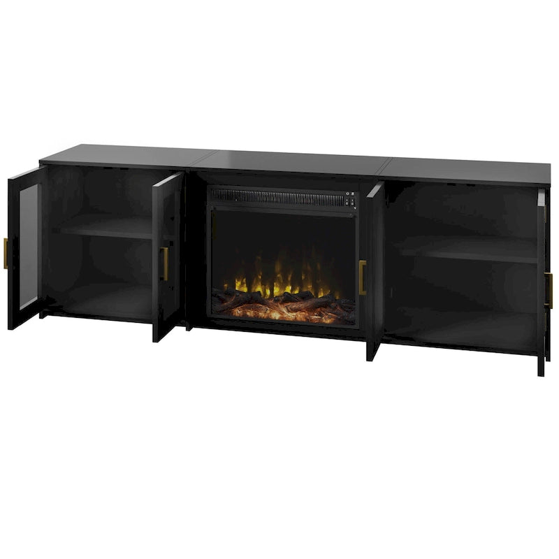 Meuble TV gris patiné/blanc/noir avec cheminée électrique et portes vitrées, pour 1 pièce