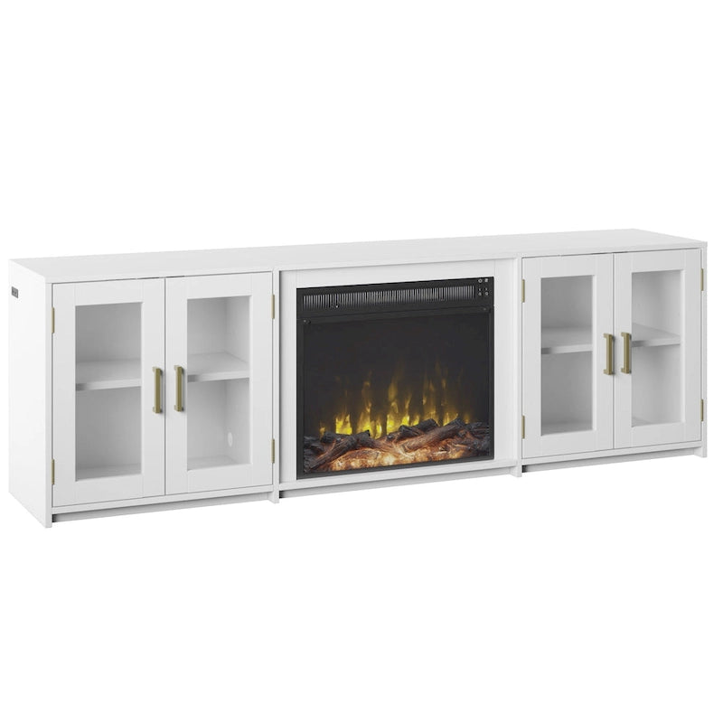 Meuble TV gris patiné/blanc/noir avec cheminée électrique et portes vitrées, pour 1 pièce