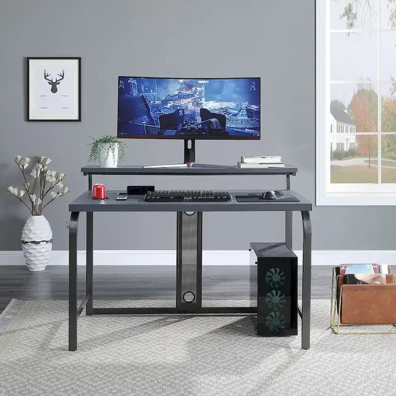 Bureau de jeu contemporain noir, LED RVB, simple, étagère surélevée pour moniteur