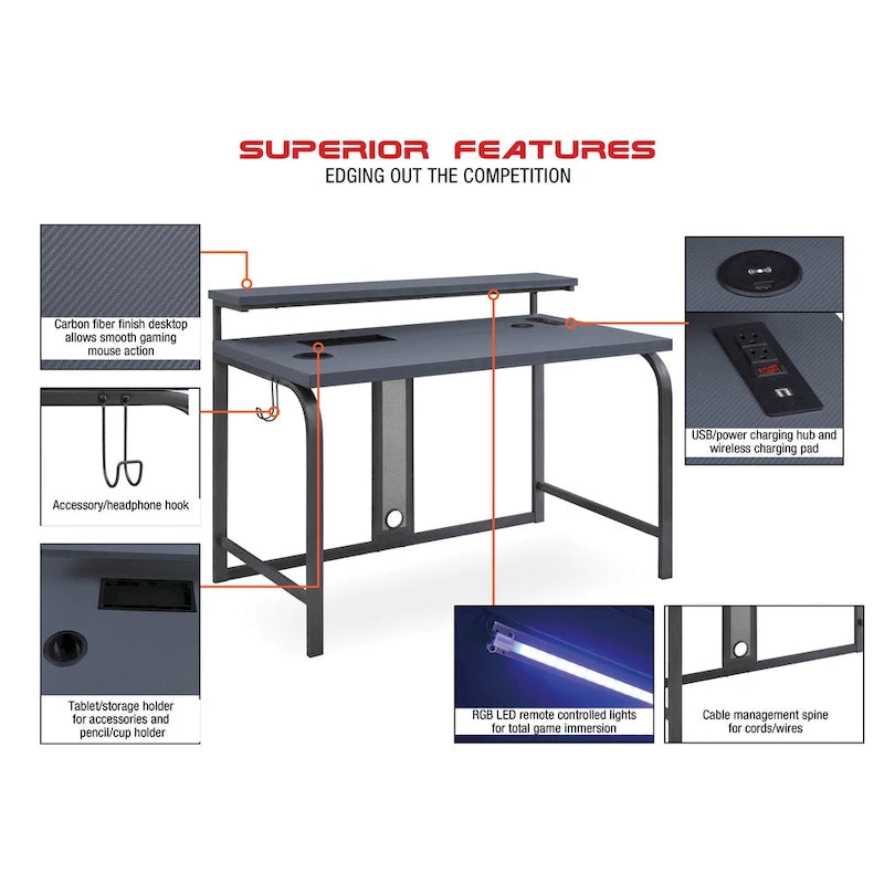 Bureau de jeu contemporain noir, LED RVB, simple, étagère surélevée pour moniteur