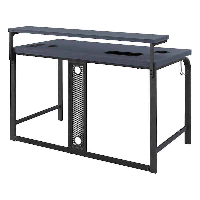 Bureau de jeu contemporain noir, LED RVB, simple, étagère surélevée pour moniteur