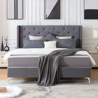 Lit plateforme Queen en velours gris/bleu/noir/beige, tête de lit ailée capitonnée, pour 1 à 2 personnes