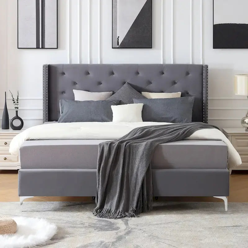 Lit plateforme Queen en velours gris/bleu/noir/beige, tête de lit ailée capitonnée, pour 1 à 2 personnes