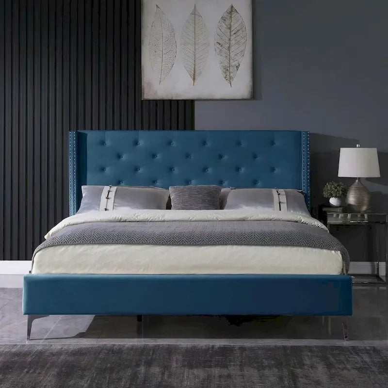 Lit plateforme Queen en velours gris/bleu/noir/beige, tête de lit ailée capitonnée, pour 1 à 2 personnes