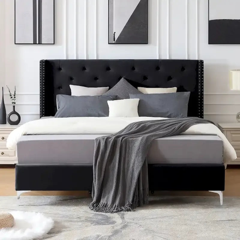 Lit plateforme Queen en velours gris/bleu/noir/beige, tête de lit ailée capitonnée, pour 1 à 2 personnes