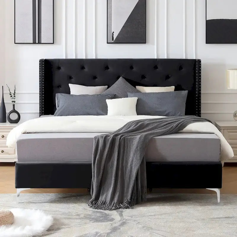 Lit plateforme Queen en velours gris/bleu/noir/beige, tête de lit ailée capitonnée, pour 1 à 2 personnes