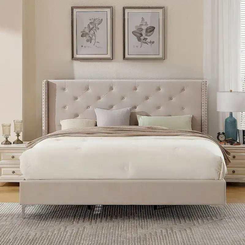 Lit plateforme Queen en velours gris/bleu/noir/beige, tête de lit ailée capitonnée, pour 1 à 2 personnes