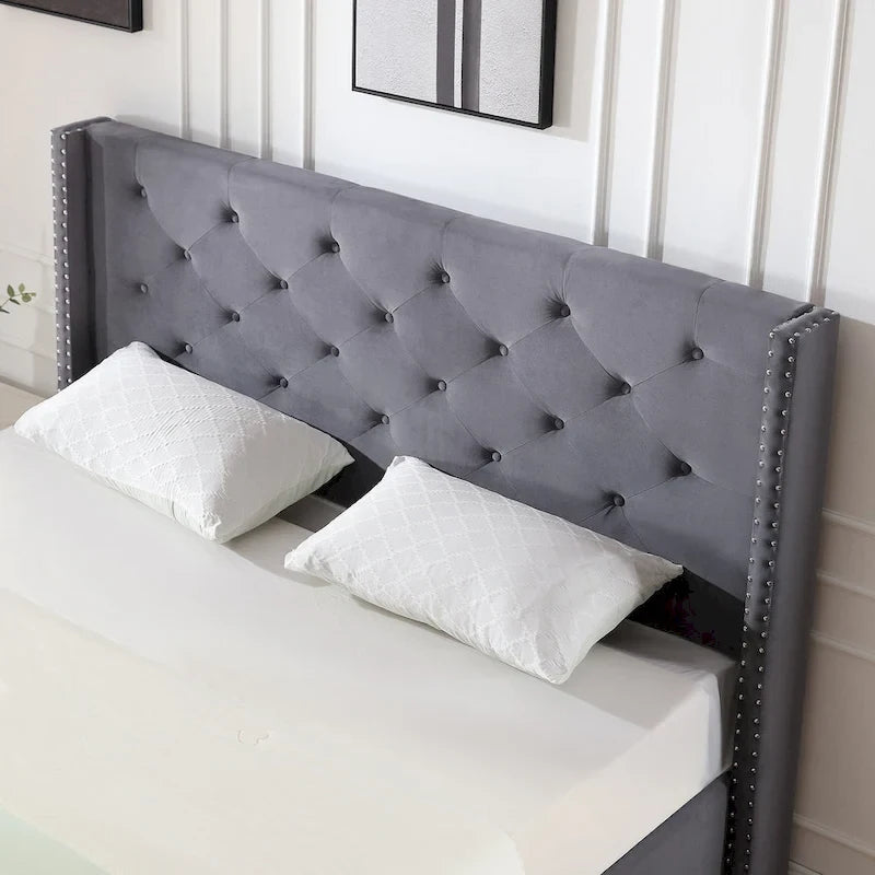 Lit plateforme Queen en velours gris/bleu/noir/beige, tête de lit ailée capitonnée, pour 1 à 2 personnes