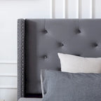Lit plateforme Queen en velours gris/bleu/noir/beige, tête de lit ailée capitonnée, pour 1 à 2 personnes