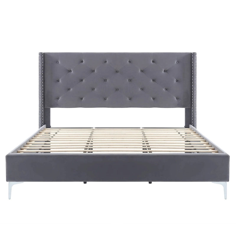 Lit plateforme Queen en velours gris/bleu/noir/beige, tête de lit ailée capitonnée, pour 1 à 2 personnes