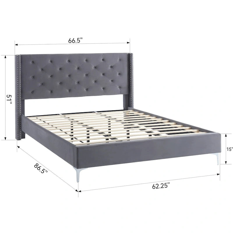 Lit plateforme Queen en velours gris/bleu/noir/beige, tête de lit ailée capitonnée, pour 1 à 2 personnes