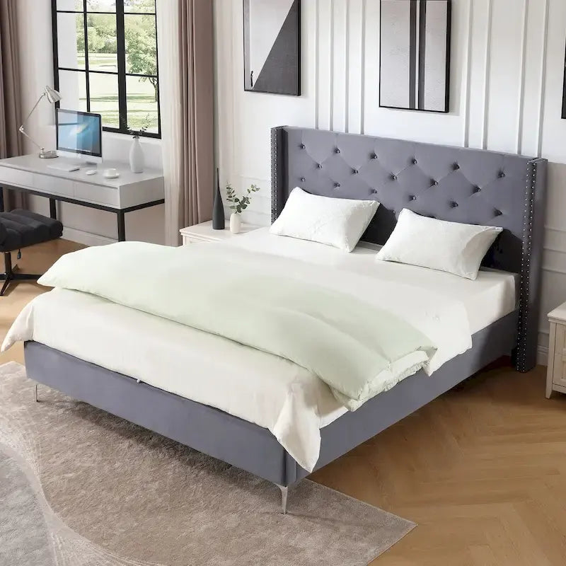 Lit plateforme Queen en velours gris/bleu/noir/beige, tête de lit ailée capitonnée, pour 1 à 2 personnes