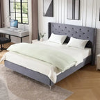 Lit plateforme Queen en velours gris/bleu/noir/beige, tête de lit ailée capitonnée, pour 1 à 2 personnes