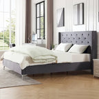 Lit plateforme Queen en velours gris/bleu/noir/beige, tête de lit ailée capitonnée, pour 1 à 2 personnes