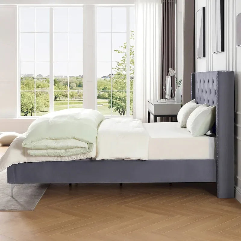Lit plateforme Queen en velours gris/bleu/noir/beige, tête de lit ailée capitonnée, pour 1 à 2 personnes