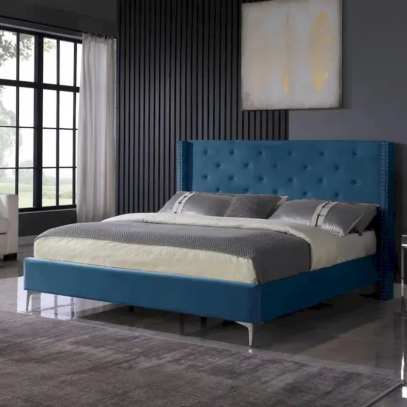Lit plateforme Queen en velours gris/bleu/noir/beige, tête de lit ailée capitonnée, pour 1 à 2 personnes