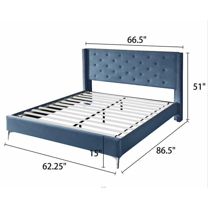 Lit plateforme Queen en velours gris/bleu/noir/beige, tête de lit ailée capitonnée, pour 1 à 2 personnes