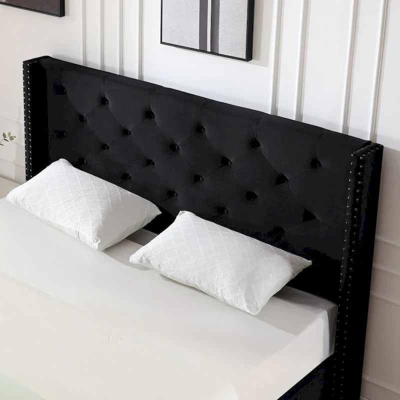 Lit plateforme Queen en velours gris/bleu/noir/beige, tête de lit ailée capitonnée, pour 1 à 2 personnes