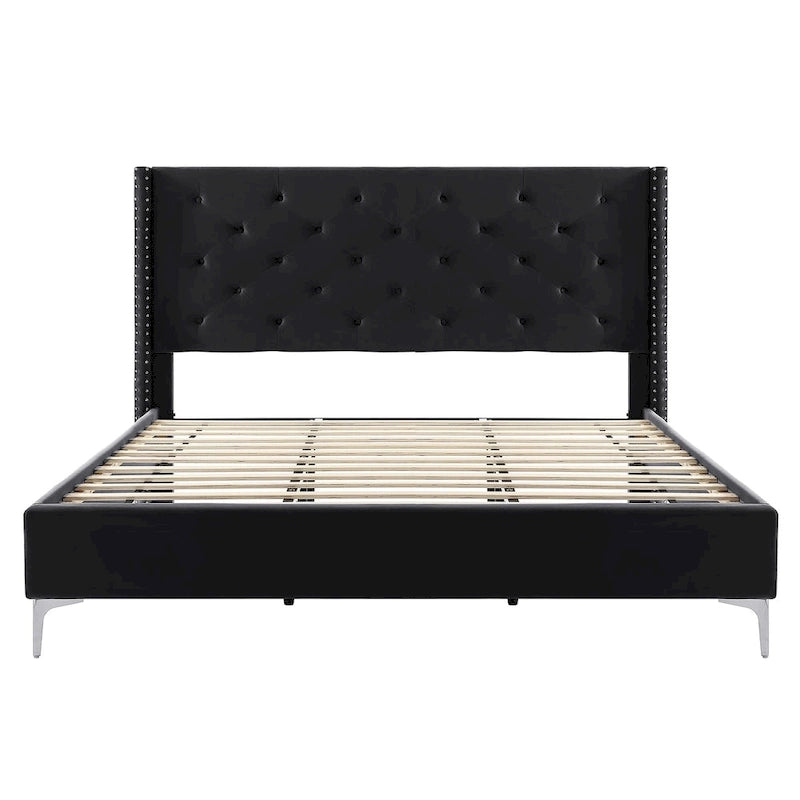 Lit plateforme Queen en velours gris/bleu/noir/beige, tête de lit ailée capitonnée, pour 1 à 2 personnes