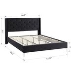 Lit plateforme Queen en velours gris/bleu/noir/beige, tête de lit ailée capitonnée, pour 1 à 2 personnes