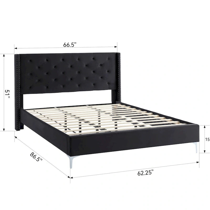 Lit plateforme Queen en velours gris/bleu/noir/beige, tête de lit ailée capitonnée, pour 1 à 2 personnes