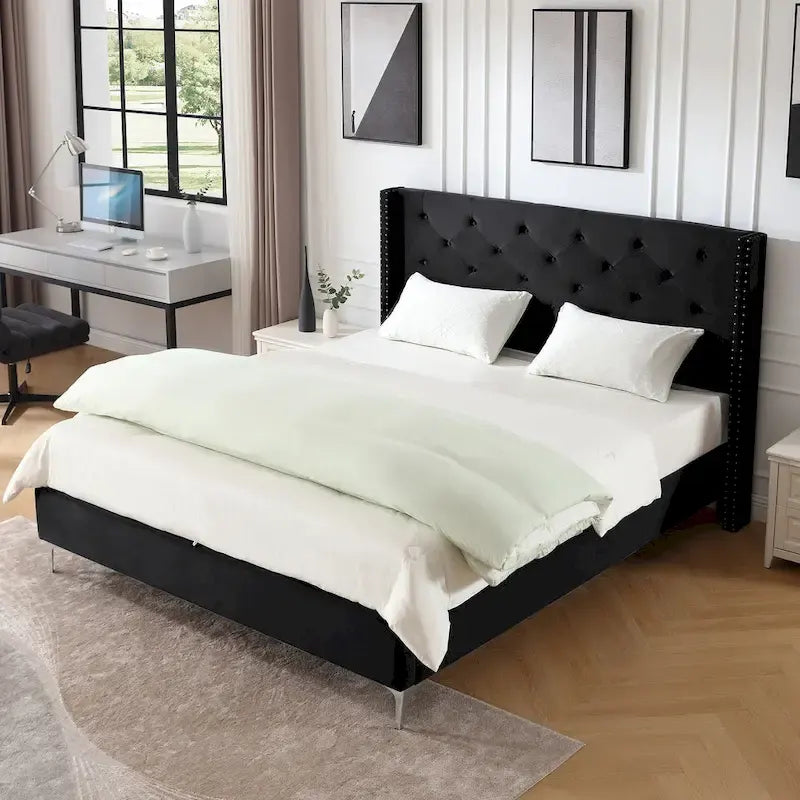 Lit plateforme Queen en velours gris/bleu/noir/beige, tête de lit ailée capitonnée, pour 1 à 2 personnes