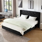 Lit plateforme Queen en velours gris/bleu/noir/beige, tête de lit ailée capitonnée, pour 1 à 2 personnes