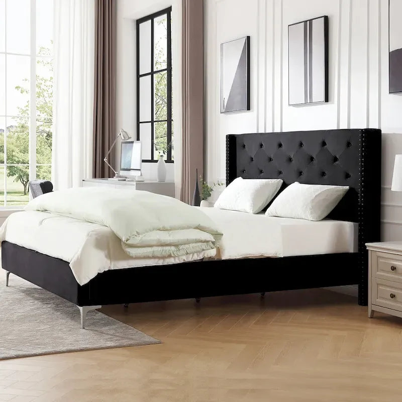 Lit plateforme Queen en velours gris/bleu/noir/beige, tête de lit ailée capitonnée, pour 1 à 2 personnes