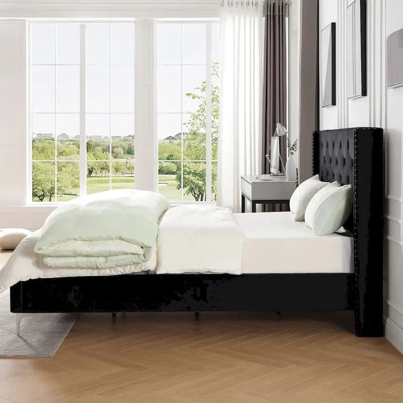 Lit plateforme Queen en velours gris/bleu/noir/beige, tête de lit ailée capitonnée, pour 1 à 2 personnes