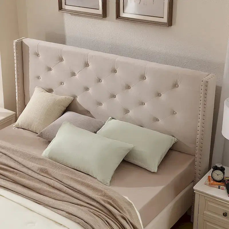 Lit plateforme Queen en velours gris/bleu/noir/beige, tête de lit ailée capitonnée, pour 1 à 2 personnes