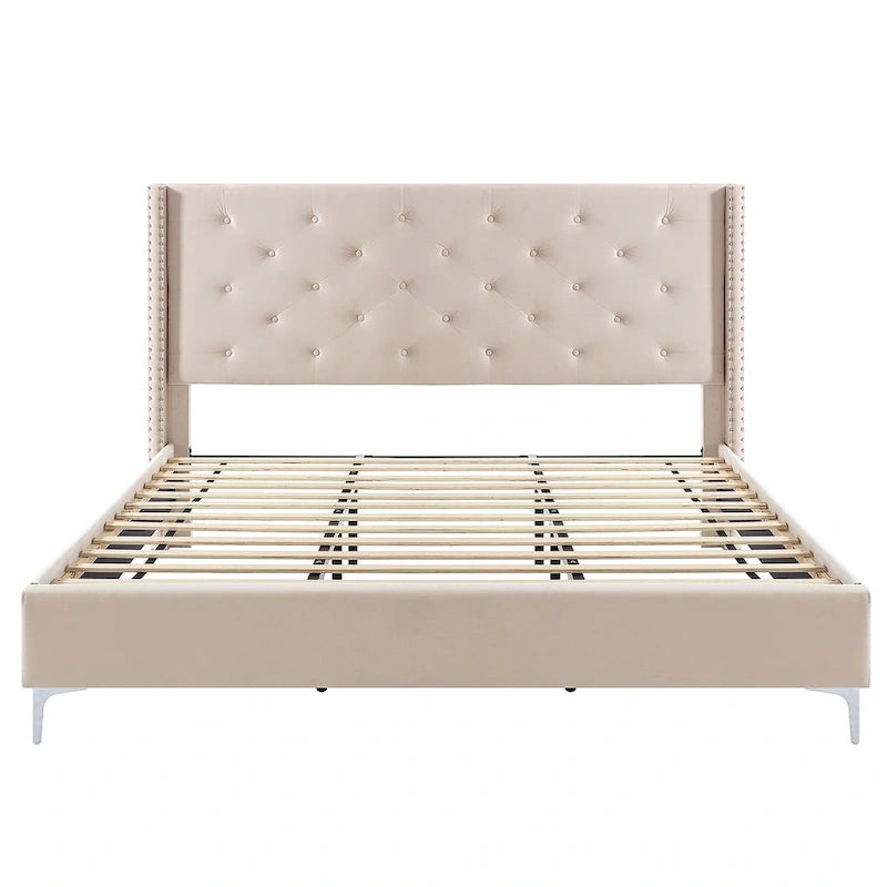 Lit plateforme Queen en velours gris/bleu/noir/beige, tête de lit ailée capitonnée, pour 1 à 2 personnes