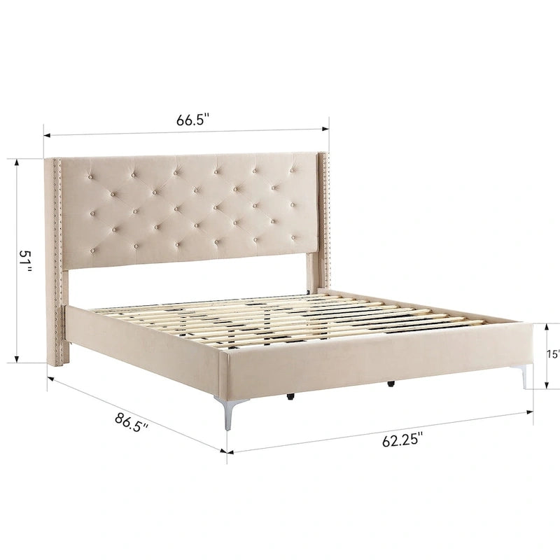 Lit plateforme Queen en velours gris/bleu/noir/beige, tête de lit ailée capitonnée, pour 1 à 2 personnes