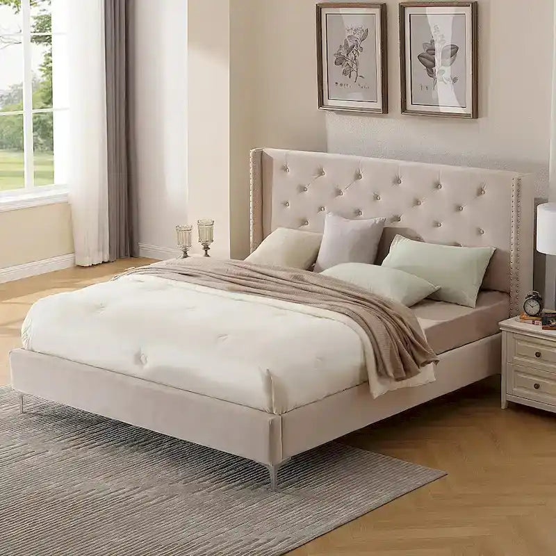 Lit plateforme Queen en velours gris/bleu/noir/beige, tête de lit ailée capitonnée, pour 1 à 2 personnes