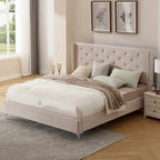 Lit plateforme Queen en velours gris/bleu/noir/beige, tête de lit ailée capitonnée, pour 1 à 2 personnes