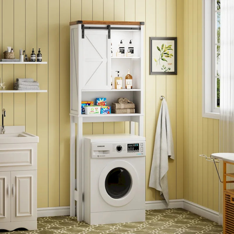 Meuble de rangement WC blanc/marron avec porte coulissante type grange, montage par 1 personne