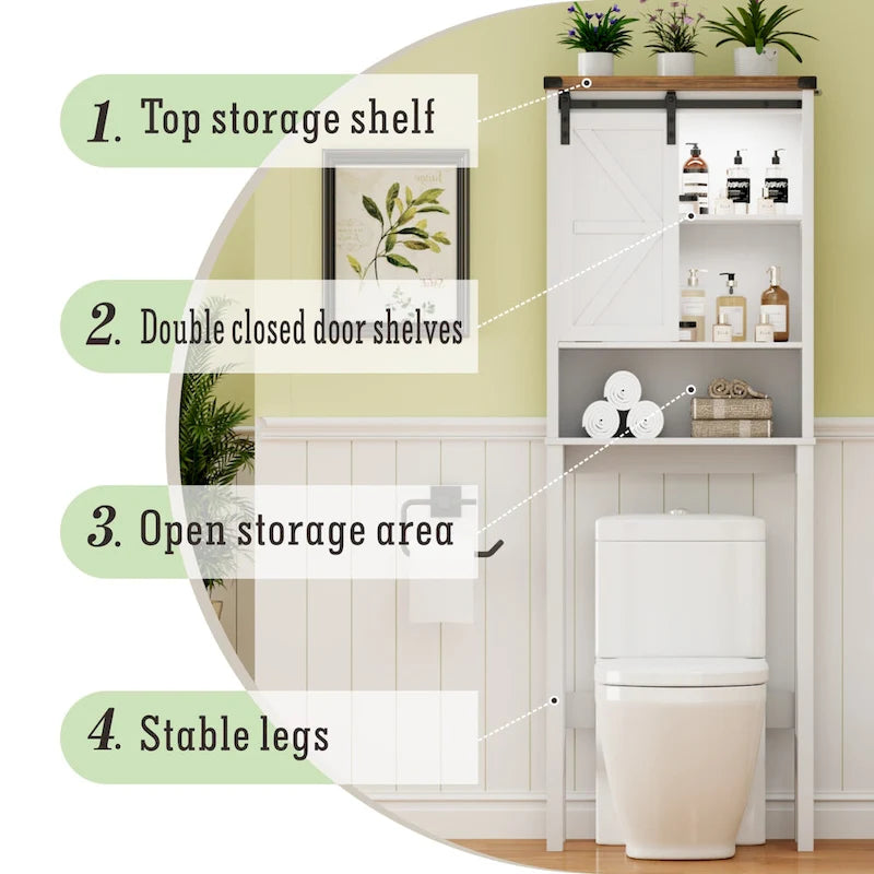 Meuble de rangement WC blanc/marron avec porte coulissante type grange, montage par 1 personne