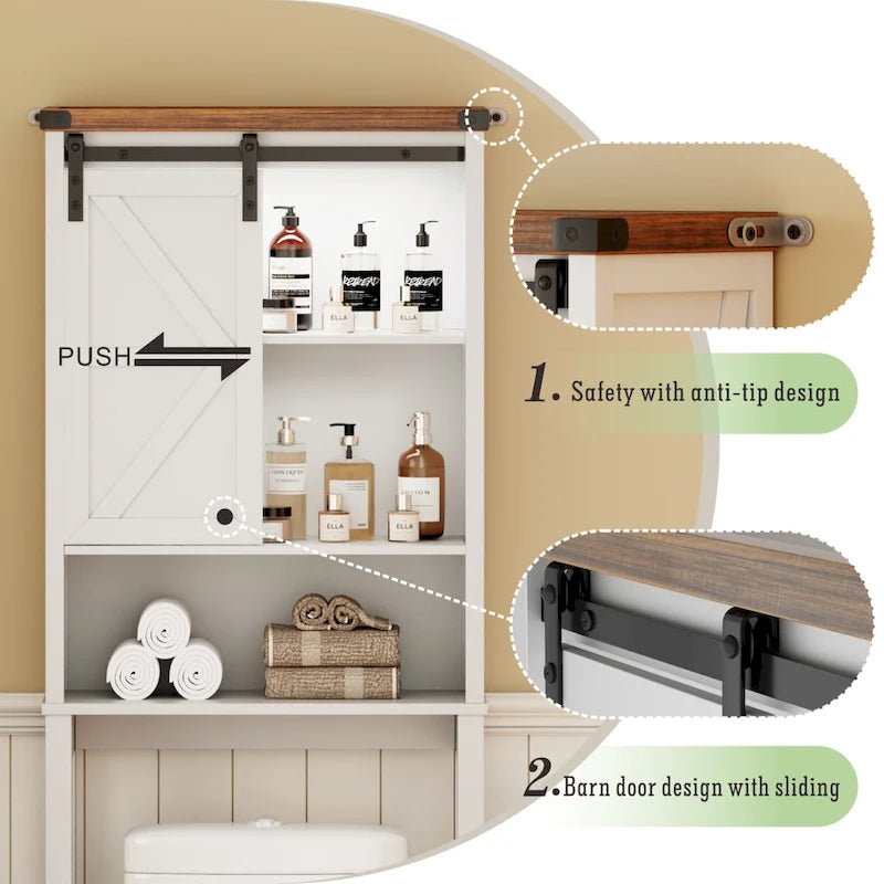 Meuble de rangement WC blanc/marron avec porte coulissante type grange, montage par 1 personne