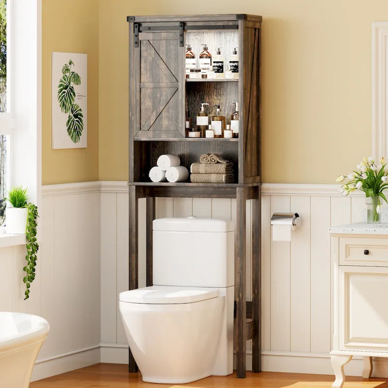 Meuble de rangement WC blanc/marron avec porte coulissante type grange, montage par 1 personne