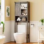 Meuble de rangement WC blanc/marron avec porte coulissante type grange, montage par 1 personne