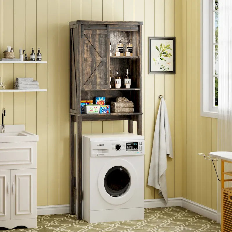 Meuble de rangement WC blanc/marron avec porte coulissante type grange, montage par 1 personne