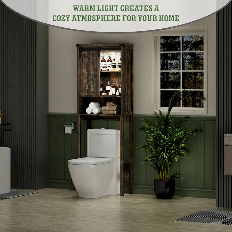 Meuble de rangement WC blanc/marron avec porte coulissante type grange, montage par 1 personne