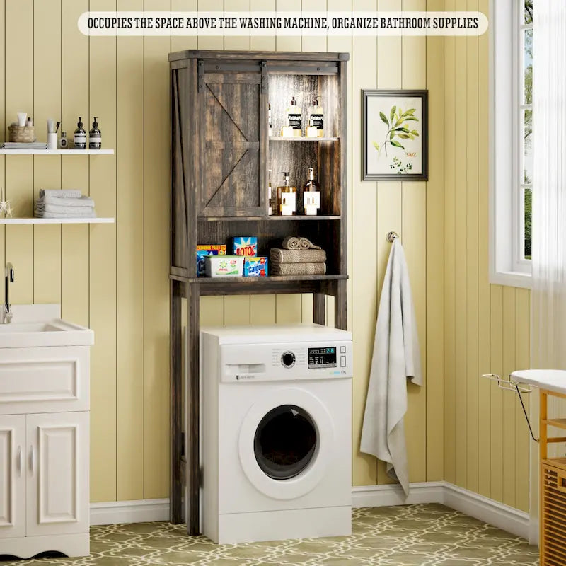 Meuble de rangement WC blanc/marron avec porte coulissante type grange, montage par 1 personne